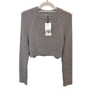 NWT Zara  Long Sleeve Ribbed Knit Cropped Sweater Gray‎ Cotton M